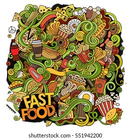 Cartoon cute doodles hand drawn Fastfood illustration. Colorful detailed, with lots of objects background. Funny vector artwork. Bright colors picture with fast food theme items