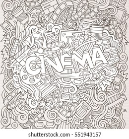 Cartoon cute doodles hand drawn Cinema inscription. Illustration with movie theme items. Line art detailed, with lots of objects background. Funny vector artwork