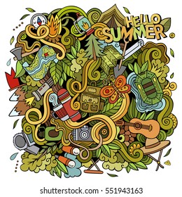 Cartoon cute doodles hand drawn Camp illustration. Colorful detailed, with lots of objects background. Funny vector artwork. Bright colors picture with picnic theme items