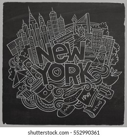 Cartoon cute doodles hand drawn New York inscription. Chalkboard illustration with american theme items. Line art detailed, with lots of objects background. Funny vector artwork