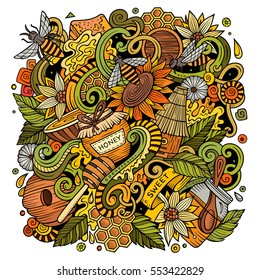 Cartoon cute doodles hand drawn Honey illustration. Colorful detailed, with lots of objects background. Funny vector artwork.