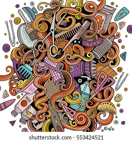 Dibujo de la peluquería dibujado a mano con doodles lindos. Colorido y detallado, con muchos objetos de fondo. Graciosa ilustración vectorial. Imágenes de colores vivos con artículos de barbería