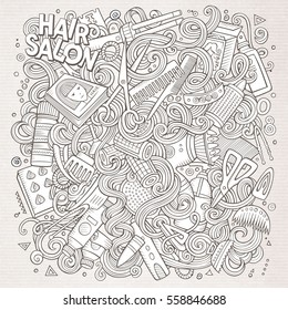 Cartoon cute doodles hand drawn Hair salon illustration. Line art detailed, with lots of objects background. Funny vector artwork. Sketchy picture with barber shop items