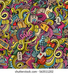 Cartoon cute doodles hand drawn Sale seamless pattern. Colorful detailed, with lots of objects background. Endless funny vector illustration. Bright colors backdrop 