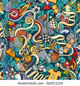 Cartoon cute doodles hand drawn Sport seamless pattern. Colorful detailed, with lots of objects background. Endless funny vector illustration. Bright colors backdrop 