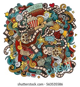 Cartoon cute doodles hand drawn Cinema illustration. Colorful detailed, with lots of objects background. Funny vector artwork. Bright colors picture with movie theme items