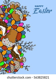 Cartoon cute doodles hand drawn Happy Easter background. Vector illustration