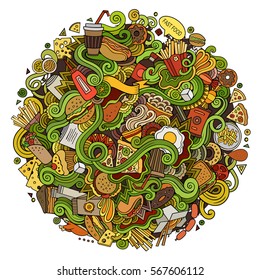 Cartoon cute doodles hand drawn Fastfood illustration. Colorful detailed, with lots of objects background. Funny vector artwork. Bright colors picture with fast food theme items