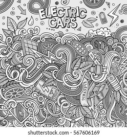 Cartoon cute doodles hand drawn electric cars frame design. Sketchy detailed, with lots of objects background. Funny vector illustration. Line art border 