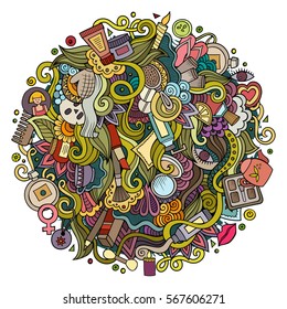 Cartoon cute doodles hand drawn Beauty illustration. Colorful detailed, with lots of objects background. Funny vector artwork. Bright colors picture with cosmetics theme items 