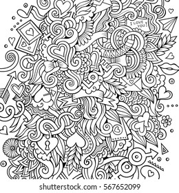 Cartoon cute doodles hand drawn Valentines Day illustration. Line art detailed, with lots of objects background. Funny vector artwork. Sketchy picture with Love theme items 
