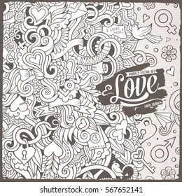Cartoon cute doodles hand drawn Valentines Day frame design. Line art detailed, with lots of objects background. Funny vector illustration. Sketchy border with Love theme items 