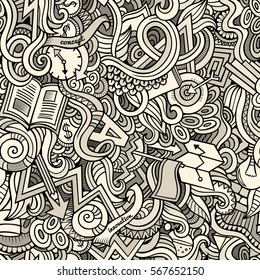Cartoon cute doodles hand drawn Idea seamless pattern. Line art detailed, with lots of objects background. Endless funny vector illustration. Sketchy backdrop 