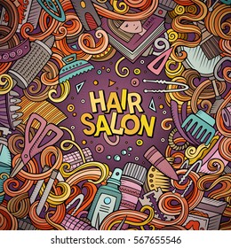 Cartoon cute doodles hand drawn Hair salon frame design. Colorful detailed, with lots of objects background. Funny vector illustration. Bright colors border with Barber shop items  