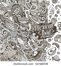 Cartoon cute doodles hand drawn Mexican food frame design. Line art detailed, with lots of objects background. Funny vector illustration. Sketchy border with latin american cuisine theme items 