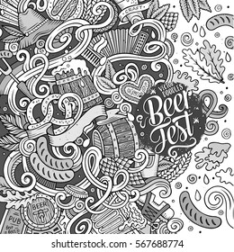 Cartoon cute doodles hand drawn Beer frame design. Line art detailed, with lots of objects background. Funny vector illustration