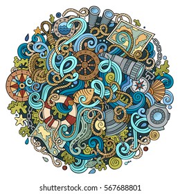 Cartoon cute doodles hand drawn nautical illustration. Colorful detailed, with lots of objects background. Funny vector artwork. Bright colors picture with marine theme items 