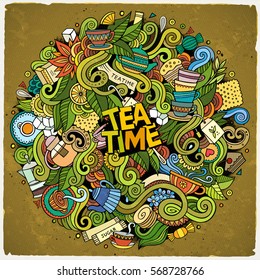 Cartoon cute doodles hand drawn Tea time illustration. Colorful detailed, with lots of objects background. Funny vector artwork