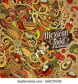 Cartoon cute doodles hand drawn Mexican food frame design. Colorful detailed, with lots of objects background. Funny vector illustration. Bright colors border with latin american cuisine theme items