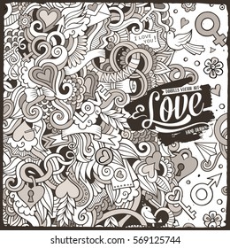Cartoon cute doodles hand drawn Valentines Day frame design. Line art detailed, with lots of objects background. Funny vector illustration. Sketchy border with Love theme items