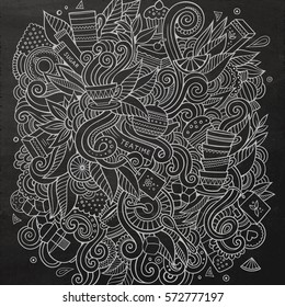 Cartoon cute doodles hand drawn Tea time illustration. Chalk board detailed, with lots of objects background. Funny vector artwork