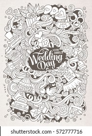 Cartoon cute doodles hand drawn wedding illustration. Sketch detailed, with lots of objects background. Funny vector artwork. Line art picture with love items