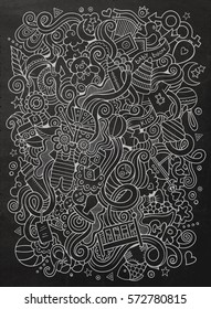 Cartoon cute doodles hand drawn Baby illustration. Chalkboard detailed, with lots of objects background. Funny vector artwork. Line art picture with children theme items