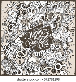 Cartoon cute doodles hand drawn Valentines Day illustration. Line art detailed, with lots of objects background. Funny vector artwork. Sketchy picture with Love theme items