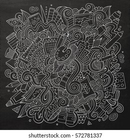 Cartoon cute doodles hand drawn Artistic illustration. Chalk board detailed, with lots of objects background. Funny vector artwork
