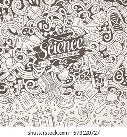 Cartoon cute doodles hand drawn Science frame design. Line art detailed, with lots of objects background. Funny vector illustration. Sketchy border with scientific theme items