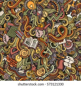 Cartoon cute doodles hand drawn Idea seamless pattern. Colorful detailed, with lots of objects background. Endless funny vector illustration. Bright colors backdrop