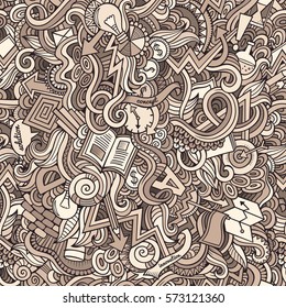 Cartoon cute doodles hand drawn Idea seamless pattern. Line art detailed, with lots of objects background. Endless funny vector illustration. Sketchy backdrop