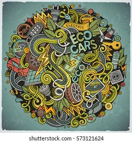 Cartoon cute doodles hand drawn Electric cars illustration. Colorful detailed, with lots of objects background. Funny vector artwork. Bright colors picture with eco vehicles theme items