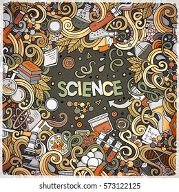 Cartoon cute doodles hand drawn Science frame design. Line art detailed, with lots of objects background. Funny vector illustration. Sketchy border with scientific theme items