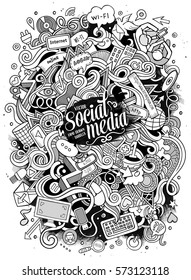 Cartoon cute doodles hand drawn social media illustration. Line art detailed, with lots of objects background. Funny vector artwork. Sketchy picture with internet theme items