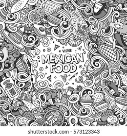 Cartoon cute doodles hand drawn Mexican food frame design. Line art detailed, with lots of objects background. Funny vector illustration. Sketchy border with latin american cuisine theme items