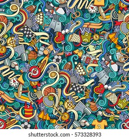 Cartoon cute doodles hand drawn Sport seamless pattern. Colorful detailed, with lots of objects background. Endless funny vector illustration. Bright colors backdrop