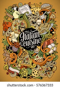 Cartoon cute doodles hand drawn italian food illustration. Colorful detailed, with lots of objects background. Funny vector artwork. Bright picture with Italy cuisine theme items.