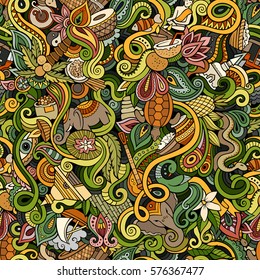 Cartoon cute doodles hand drawn Indian culture seamless pattern. Colorful detailed, with lots of objects background. Endless funny vector illustration. Bright colors backdrop