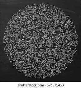 Cartoon cute doodles hand drawn Tea time illustration. Chalk board detailed, with lots of objects background. Funny vector artwork