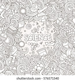 Cartoon cute doodles hand drawn Science frame design. Line art detailed, with lots of objects background. Funny vector illustration. Sketchy border with scientific theme items