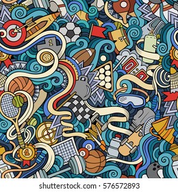 Cartoon cute doodles hand drawn Sport seamless pattern. Colorful detailed, with lots of objects background. Endless funny vector illustration. Bright colors backdrop