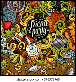 Cartoon cute doodles hand drawn picnic frame design. Colorful detailed, with lots of objects background. Funny vector illustration. Bright colors border with nature theme items