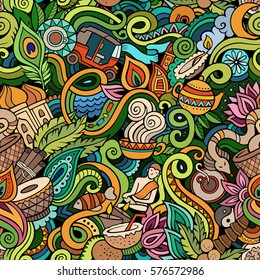 Cartoon cute doodles hand drawn Indian culture seamless pattern. Colorful detailed, with lots of objects background. Endless funny vector illustration. Bright colors backdrop