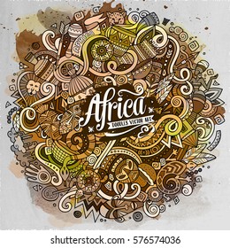 Cartoon cute doodles hand drawn Africa illustration. Watercolor detailed, with lots of objects background. Funny vector artwork. Contour picture with african theme items