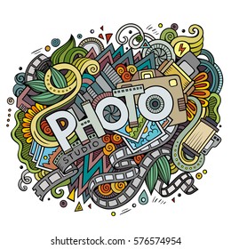 Cartoon cute doodles hand drawn Photo inscription. Colorful illustration with photography theme items. Line art detailed, with lots of objects background. Funny vector artwork