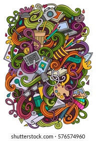 Cartoon cute doodles hand drawn Design illustration. Colorful detailed, with lots of objects background. Funny vector artwork. Bright colors picture with Artistic theme items