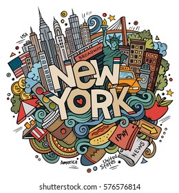 Cartoon cute doodles hand drawn New York inscription. Colorful illustration with american theme items. Line art detailed, with lots of objects background. Funny vector artwork