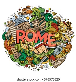 Cartoon cute doodles hand drawn Rome inscription. Colorful illustration with italian theme items. Line art detailed, with lots of objects background. Funny vector artwork