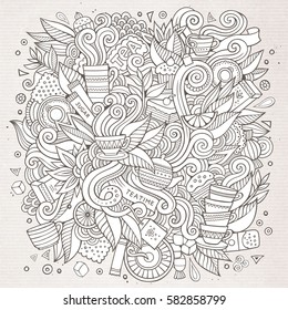 Cartoon cute doodles hand drawn Tea time illustration. Sketchy detailed, with lots of objects background. Funny vector artwork
